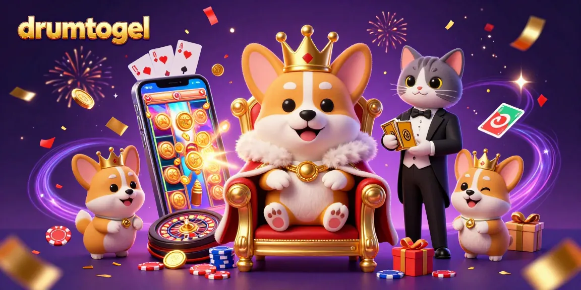 Permainan drumtogel yang menggembirakan di kancah kasino, corgi raja dan pelayan kucing memainkan kartu emas.