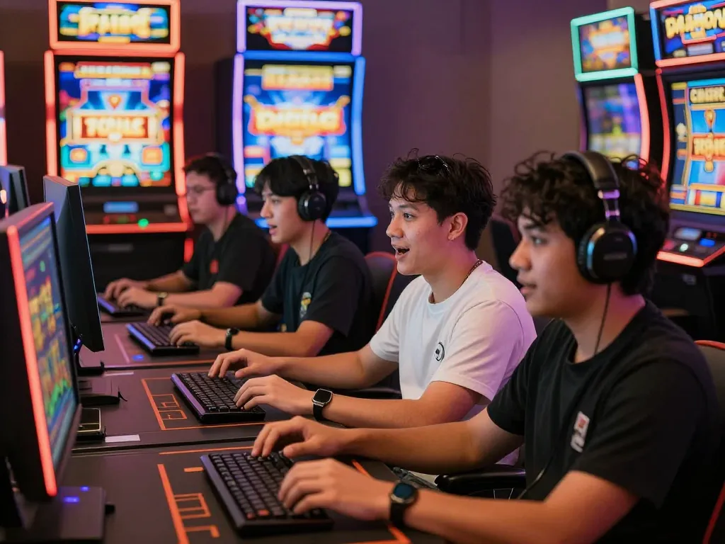 Interactive online gaming experience showcasing players excitedly engaging with slot gacor games amidst vibrant digital visuals.