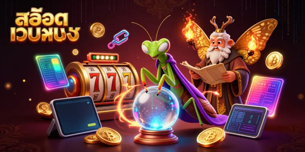 Experience the vibrant สล็อตเว็บตรง gaming scene with mystical characters and slot elements beautifully illustrated.