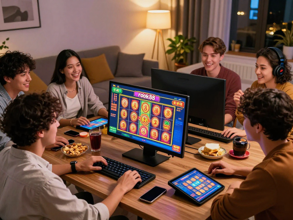 Friends enjoying an exciting rokok88 online slots game in a cozy living room.
