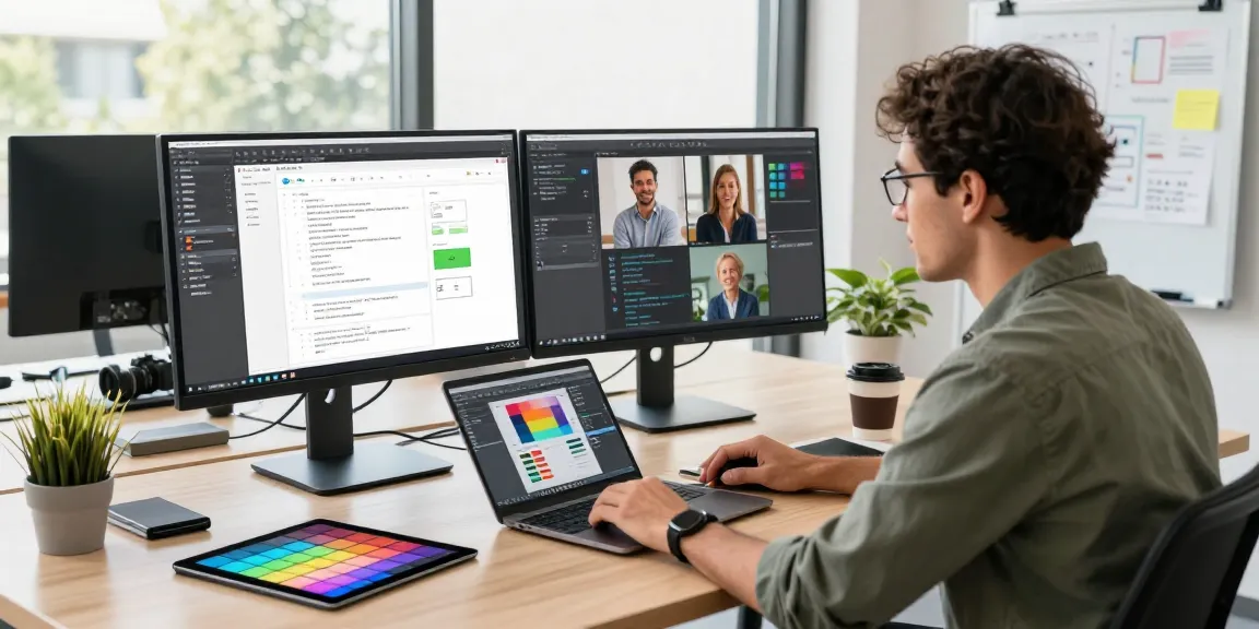 Enhanced productivity using 截图工具 in a modern office environment, featuring a designer engaging with advanced software tools and creative workspace elements.