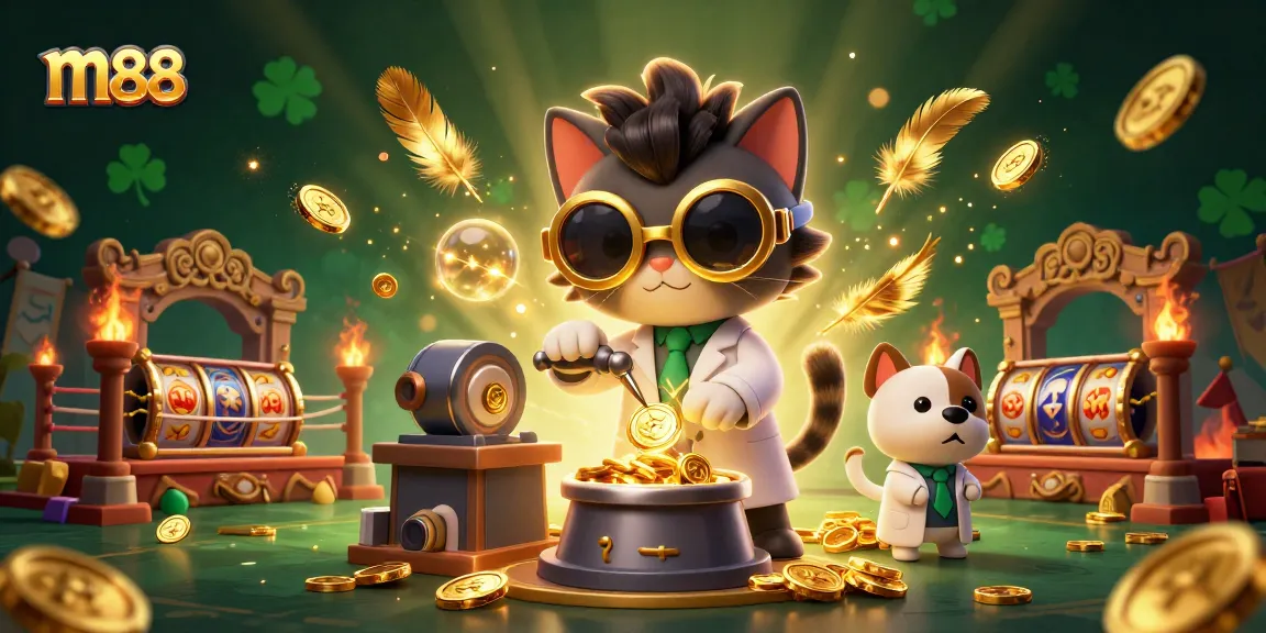 Experience the excitement of m88 with captivating 3D illustration of casino elements and characters.
