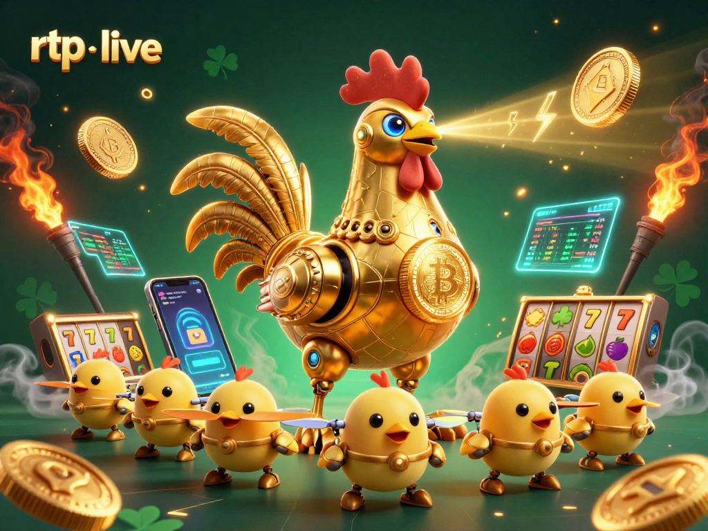 Experience rtp live casino excitement with a golden rooster robot amid vibrant crypto elements.