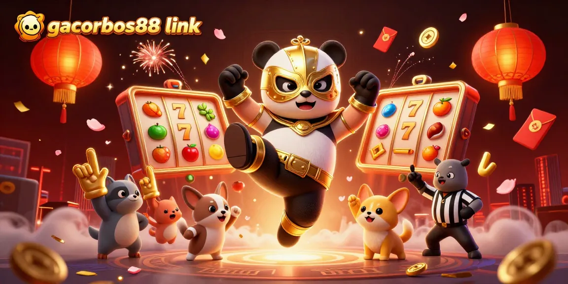 Experience exciting gameplay with gacorbos88 link featuring a panda wrestler and slot game action.