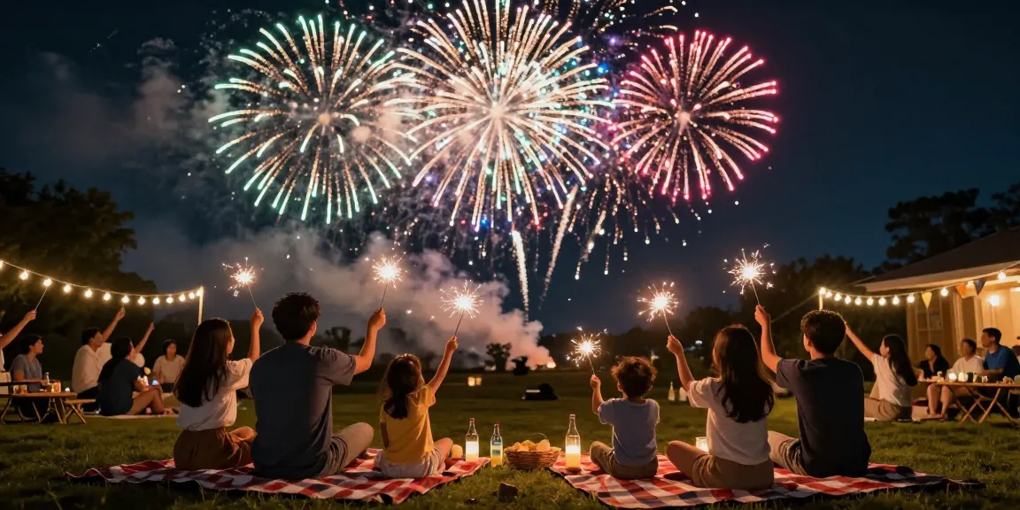 Family celebrating with fireworks for sale illuminating the night sky during a backyard party.