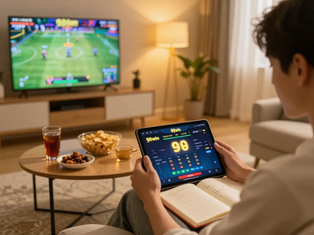 A user enjoying the 98win trang chu online casino app in a cozy home setting, emphasizing strategic gameplay.