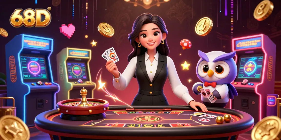Experience the vibrant 68D casino with engaging games and friendly dealers in 3D illustration.