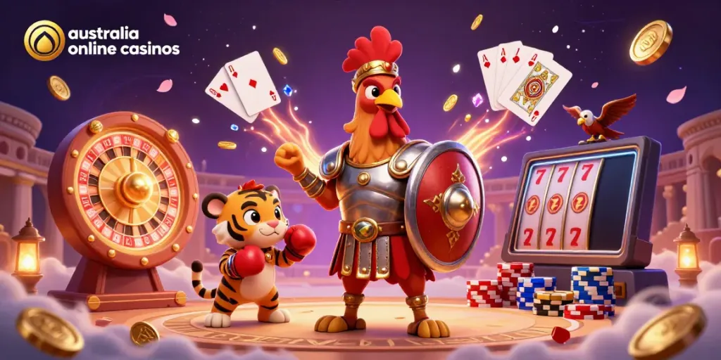 Experience fun at australia online casinos with a vibrant 3D scene of a gladiator rooster, tiger cub, and eagle in an arena.