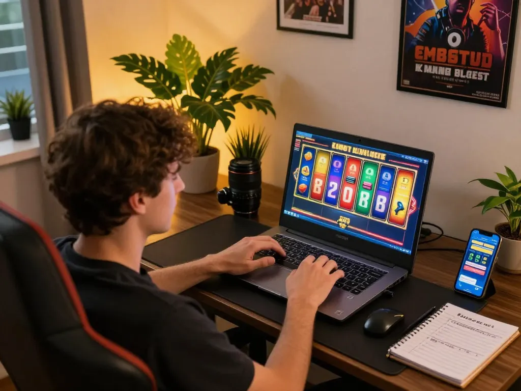Engaging in king slot gameplay on a laptop, highlighting strategic online betting environment with dynamic visuals