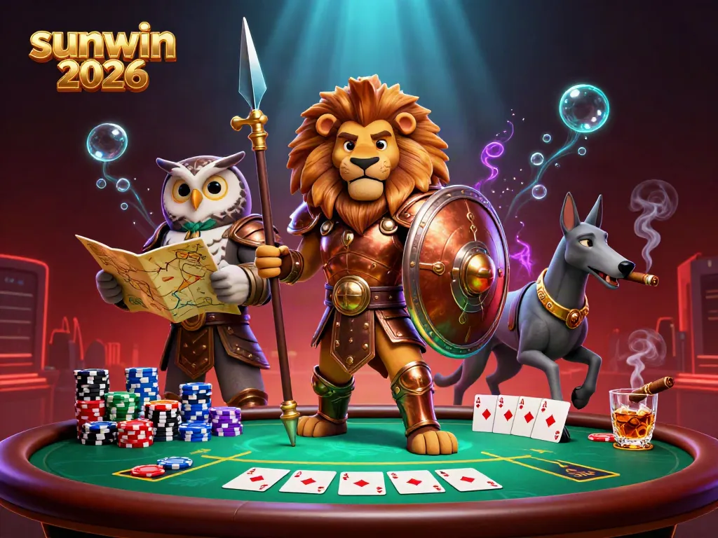 Participate in exciting games at sunwin 2026, illustrated with vibrant 3D characters and poker elements.