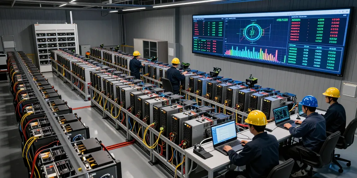 bitcoin mining farm with industrial ASIC miners and performance monitoring dashboard in a high-tech environment