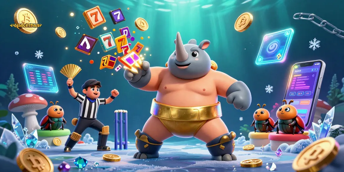 Spin to win at spaceman, featuring a beetle champion stomping coins and slot reels in a vibrant 3D scene.