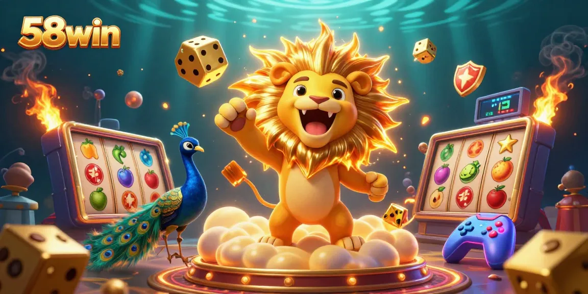 Experience the vibrant 58win casino adventure with colorful slot machines and golden elements.