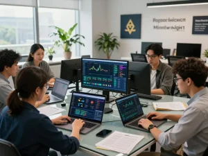 Team collaborating in modern workspace on crypto cloud mining platform project, showcasing high-tech devices and analytics.