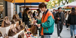 Stylish shopper examining high-quality 레플리카 accessories in an urban marketplace.