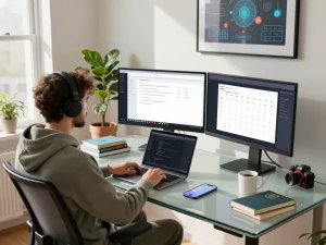 Developer managing tasks with OpenClaw in a modern home office workspace.