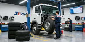 Technician installing RR99 tires on a commercial truck in a professional automotive service center.