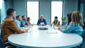 Mediation discussion with a mediator guiding professionals towards conflict resolution.