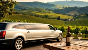 Enjoy the winery limo service with a couple relaxing at a scenic winery in a luxurious limo.