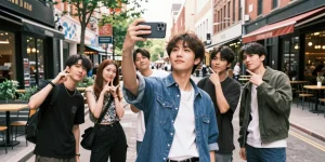 Young adult enjoying a fun selfie moment in urban setting, seeking to look like celebrities.