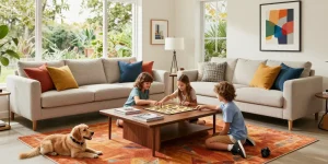 Cozy living room with stylish furniture and family enjoying board games, emphasizing depo 5k decor elements.