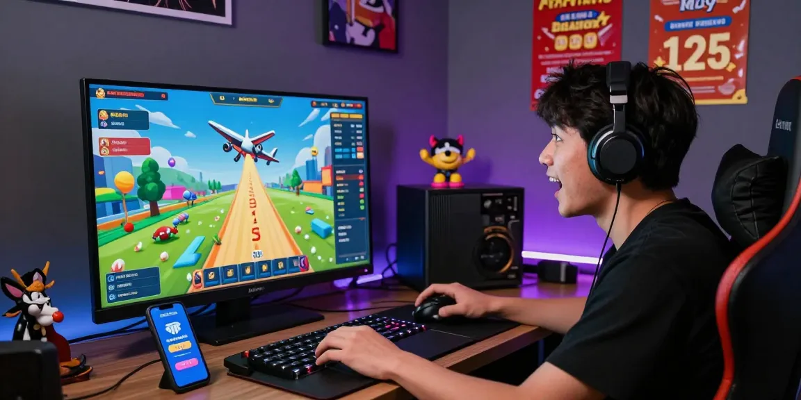 A player intensely focused on the aviator game, with a virtual airplane soaring and colorful gaming graphics in a cozy gaming den.