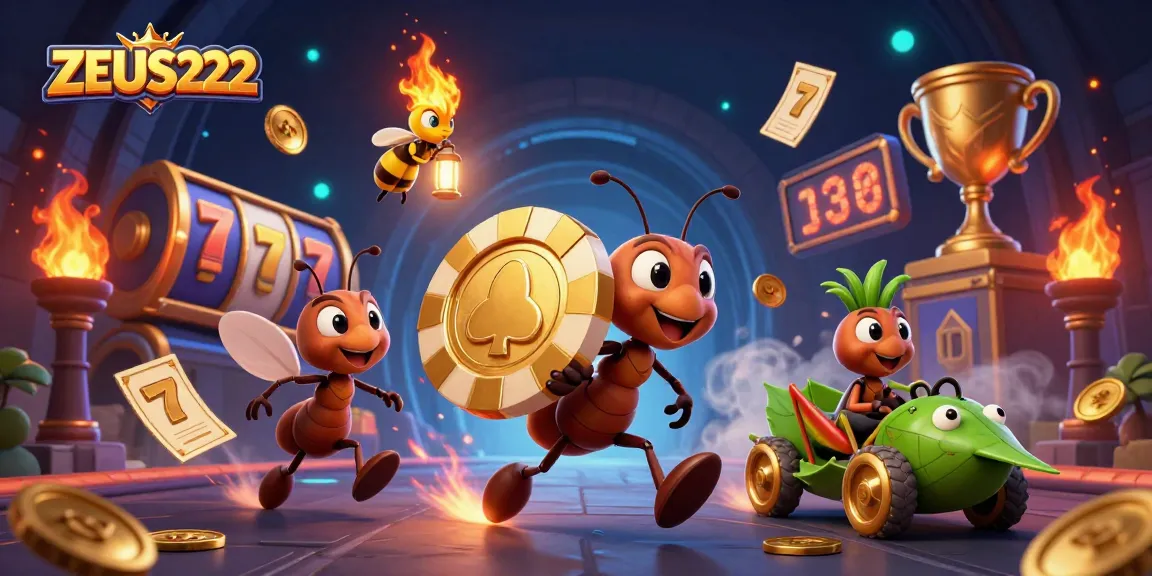 ZEUS222 menampilkan tim semut kartun yang sedang menjalankan aksi pencurian dengan chip poker emas raksasa di situs permainan online.