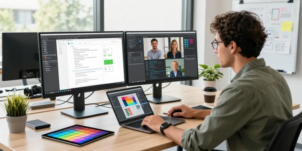 Enhanced productivity using 截图工具 in a modern office environment, featuring a designer engaging with advanced software tools and creative workspace elements.