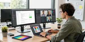 Enhanced productivity using 截图工具 in a modern office environment, featuring a designer engaging with advanced software tools and creative workspace elements.