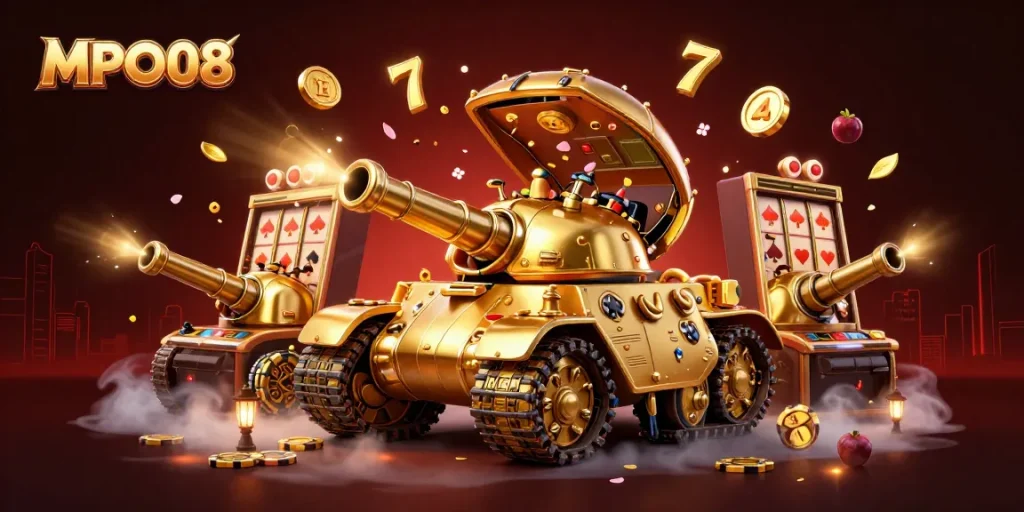 Experience the vibrant energy of MPO08 as golden slots and festive elements surround an interactive casino scene.