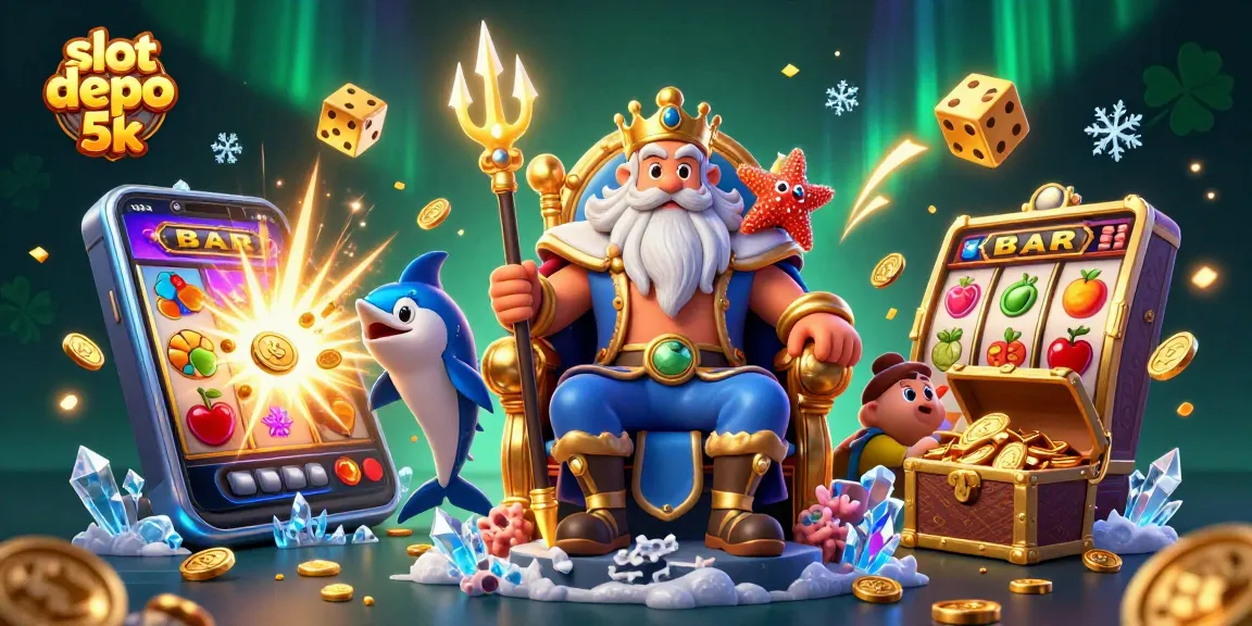 Experience thrill with slot depo 5k as Neptune and friends celebrate a jackpot explosion in a vibrant casino scene.
