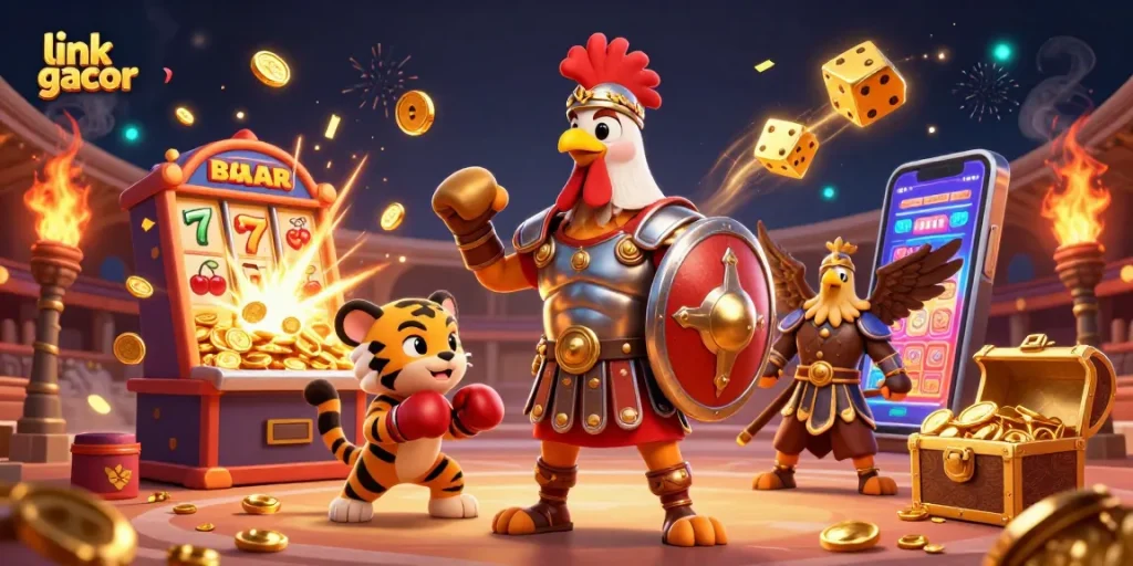 Engage in the link gacor excitement with a dynamic scene featuring a gladiator rooster, a sparring cub, and explosive casino elements.