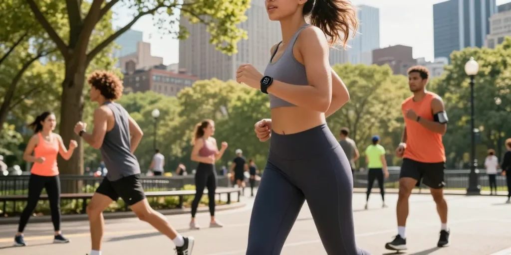 Pengguna smartwatch https://www.polarfitbitshop.com/fitbit-luxe/ berlari di taman kota dengan gaya aktif dan modern.