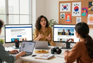 Diverse team brainstorming cultural content, featuring https://hanadultalk.com for Hispanic audiences.