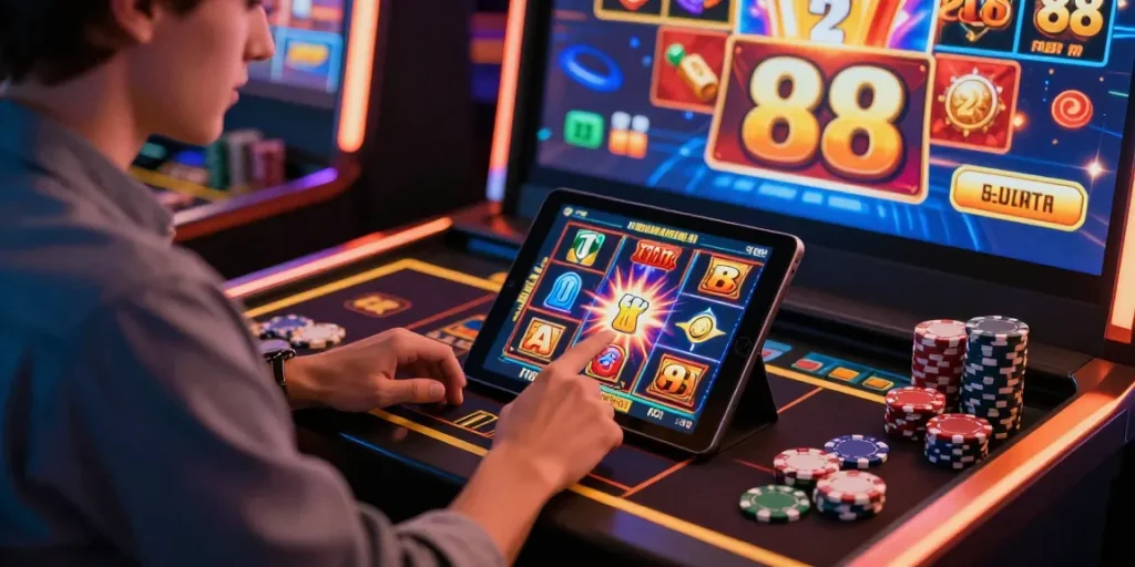 Engaging scene of a player enjoying slot88 games on a tablet surrounded by vibrant casino elements.