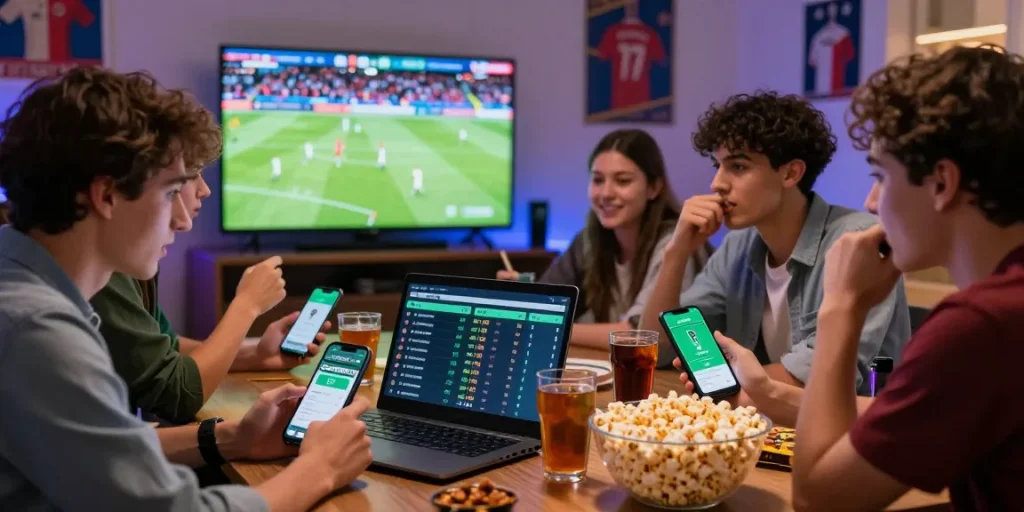 Group of friends enjoying SBOBET sports betting experience for the 2026 World Cup.