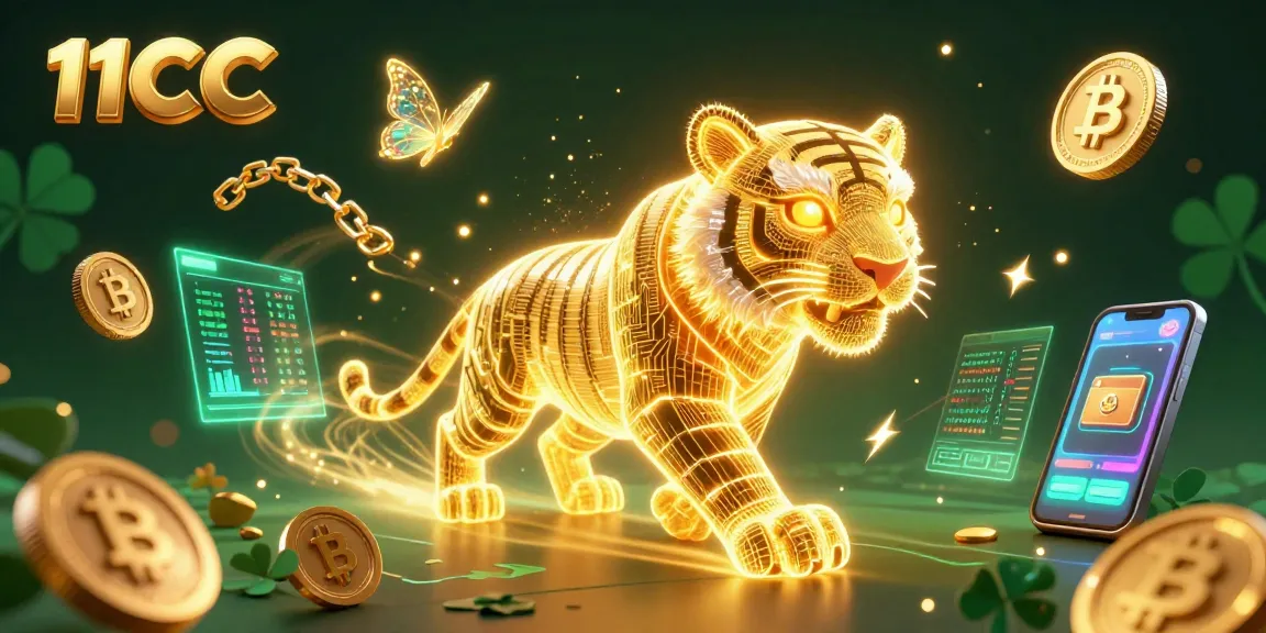 Experience the excitement of 11CC with a neon-wireframe golden tiger in a digital casino filled with crypto elements.