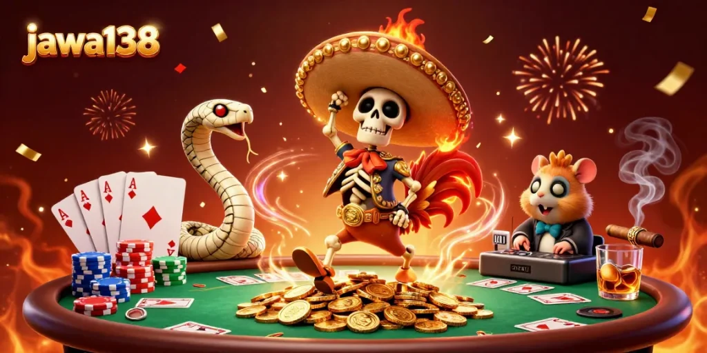 Experience thrilling gameplay at jawa138 with a festive illustration of casino characters celebrating victory.