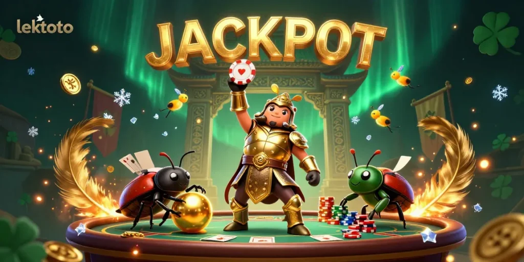 Experience lektoto excitement with a vibrant casino scene featuring a heroic beetle and golden poker chip.